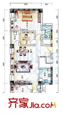 中央名筑戶型圖B1：精英天地 3室2廳2衛(wèi)1廚