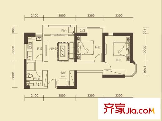 普天格蘭綠都二期2#3#4#A1戶型圖 2室2廳1衛(wèi)1廚