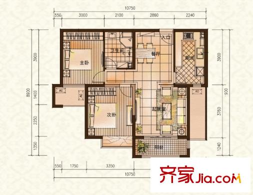 普天格蘭綠都二期14#樓D2戶型 2室2廳1衛(wèi)1廚