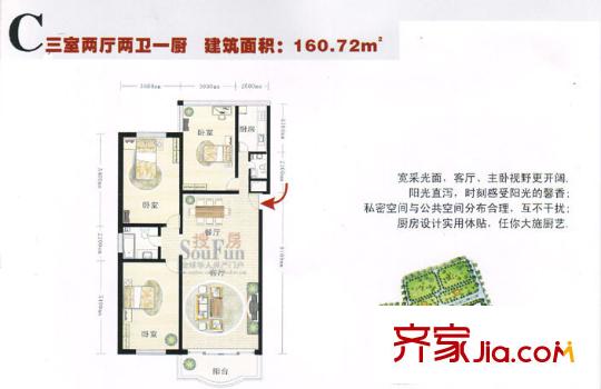 歐洲陽光城C戶型160.72平米 3室2廳2衛(wèi)1廚