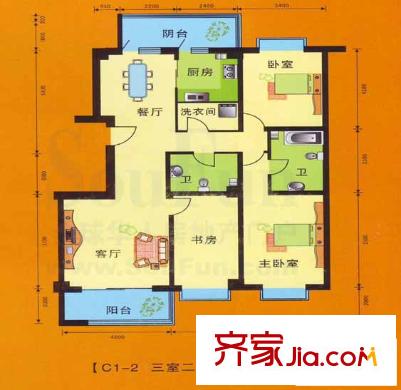 永利金色花園戶型圖C1-2戶型 3室2廳2衛(wèi)1廚