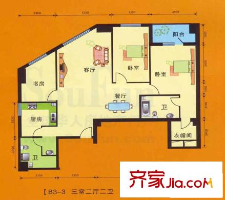 永利金色花園戶型圖B3-3戶型 3室2廳2衛(wèi)1廚