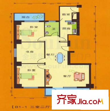 永利金色花園戶型圖B1-1戶型 3室2廳1衛(wèi)1廚