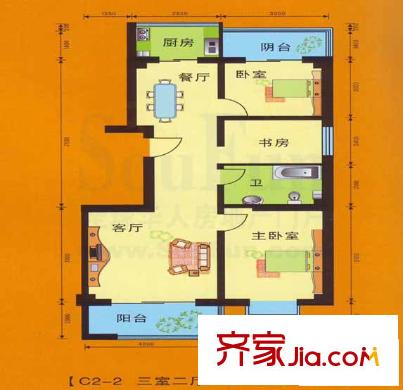 永利金色花園戶型圖C2-2戶型 3室2廳1衛(wèi)1廚