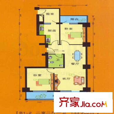 永利金色花園戶型圖B1-2戶型 2室2廳1衛(wèi)1廚