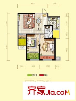 天居錦河丹堤戶型B1 精致無界 2室2廳1衛(wèi)1廚