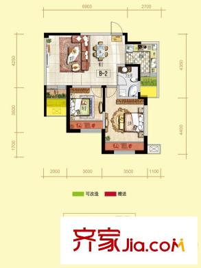 天居錦河丹堤戶型B2 花草麗居 2室2廳1衛(wèi)1廚