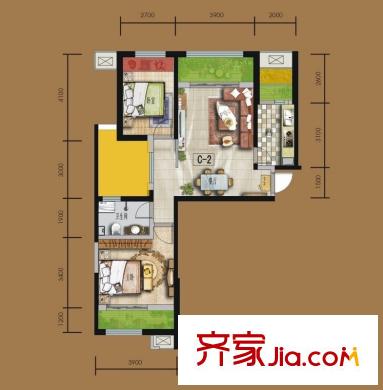 天居錦河丹堤C2戶型 2室2廳1衛(wèi)1廚