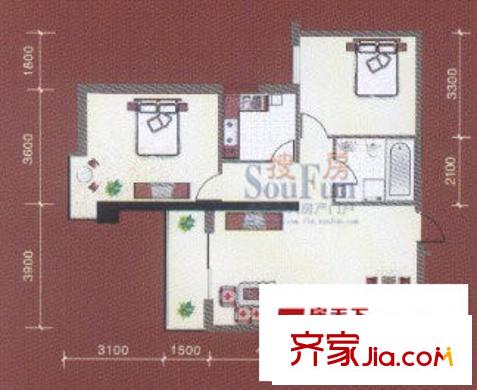 寶豐公館戶型圖B戶型 2室2廳1衛(wèi)1廚