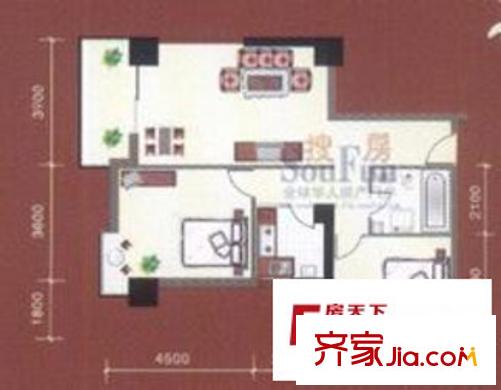 寶豐公館戶型圖C戶型 2室2廳1衛(wèi)1廚