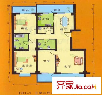 永利金色花園戶型圖C1-1戶型 3室2廳2衛(wèi)1廚