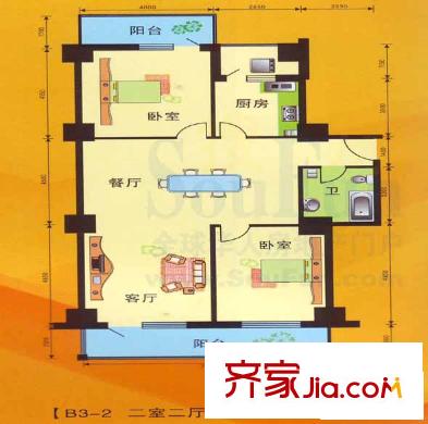 永利金色花園戶型圖B3-2戶型 2室2廳1衛(wèi)1廚