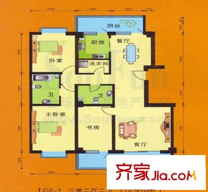 永利金色花園戶型圖C2-1戶型 3室2廳2衛(wèi)1廚