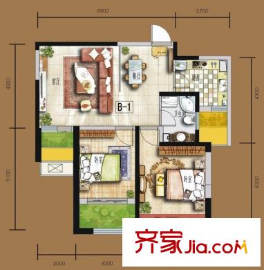 天居錦河丹堤B1戶型 2室2廳1衛(wèi)1廚