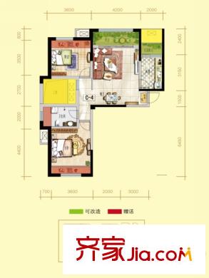 天居錦河丹堤戶型C4 通透境界 2室2廳1衛(wèi)1廚