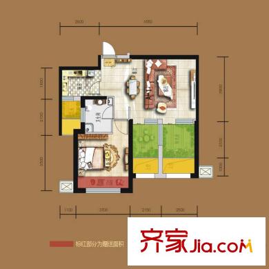 天居錦河丹堤A1戶型 1室2廳1衛(wèi)1廚