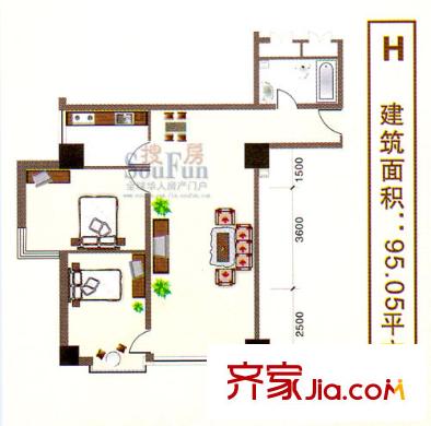 寶豐公館戶型圖H戶形 2室2廳1衛(wèi)1廚