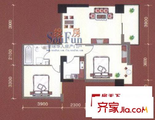 寶豐公館戶型圖E戶型 2室2廳1衛(wèi)1廚