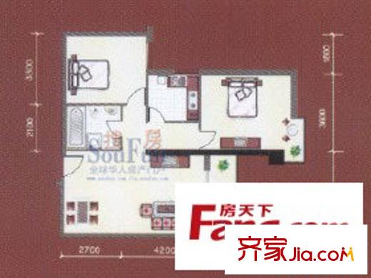 寶豐公館戶型圖B1戶型 2室2廳1衛(wèi)1廚