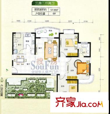 天源嘉泰名居戶型圖F戶型 3室2廳2衛(wèi)
