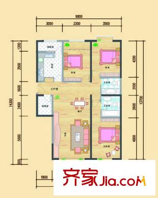 華陽名居戶型圖三室兩廳兩衛(wèi) 3室2廳2衛(wèi)1廚