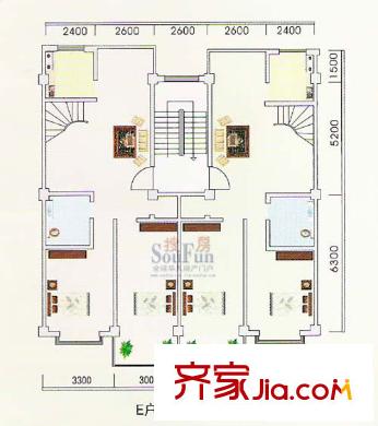 香榭麗花園戶型圖E戶型躍層下層 3室2廳2衛(wèi)1廚