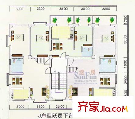 香榭麗花園戶型圖J戶型躍層下部 4室2廳2衛(wèi)1廚