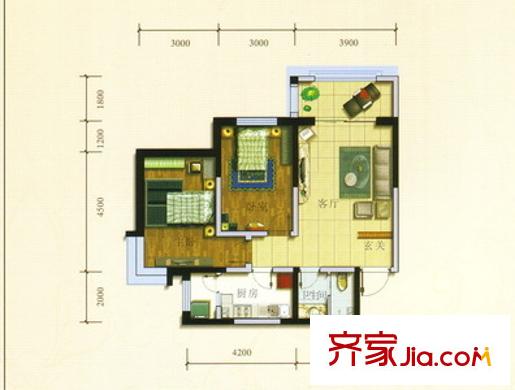 蘭駝小區(qū)戶型圖C戶型：三房?jī)蓮d一衛(wèi) 3室2廳1衛(wèi)1廚
