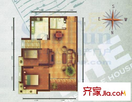瑞德摩爾萬國(guó)港戶型圖T3戶型 2室2廳1衛(wèi)1廚
