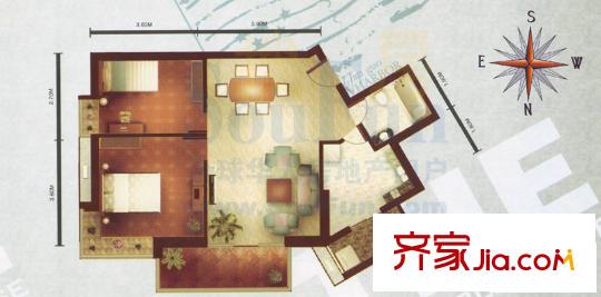 瑞德摩爾萬國(guó)港戶型圖T1戶型 2室2廳1衛(wèi)1廚