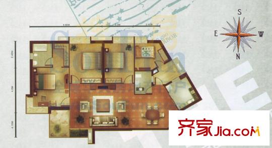 瑞德摩爾萬國港戶型圖F1戶型 4室2廳2衛(wèi)1廚