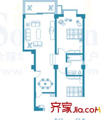 明仁花苑戶型圖F戶型 2室2廳1衛(wèi)1廚