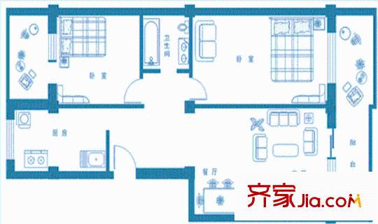 明仁花苑戶型圖G戶型 2室2廳1衛(wèi)1廚