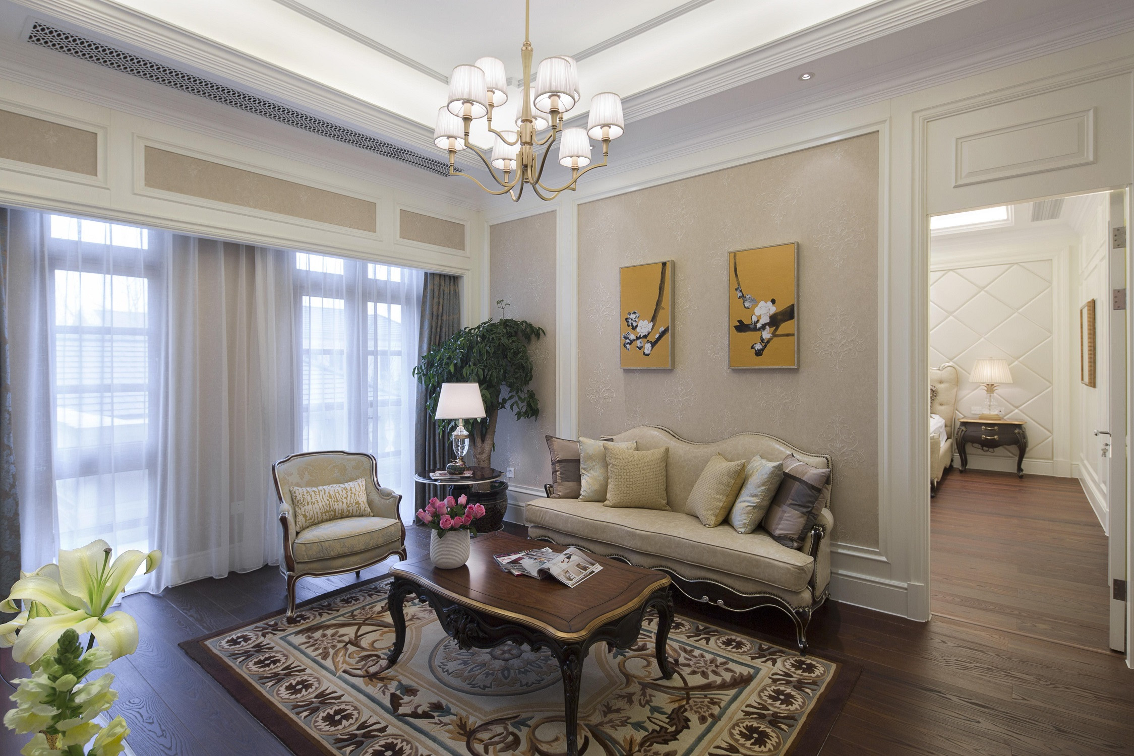 别墅装修,富裕型装修,140平米以上装修,客厅,沙发背景墙,法式风格,暖色调