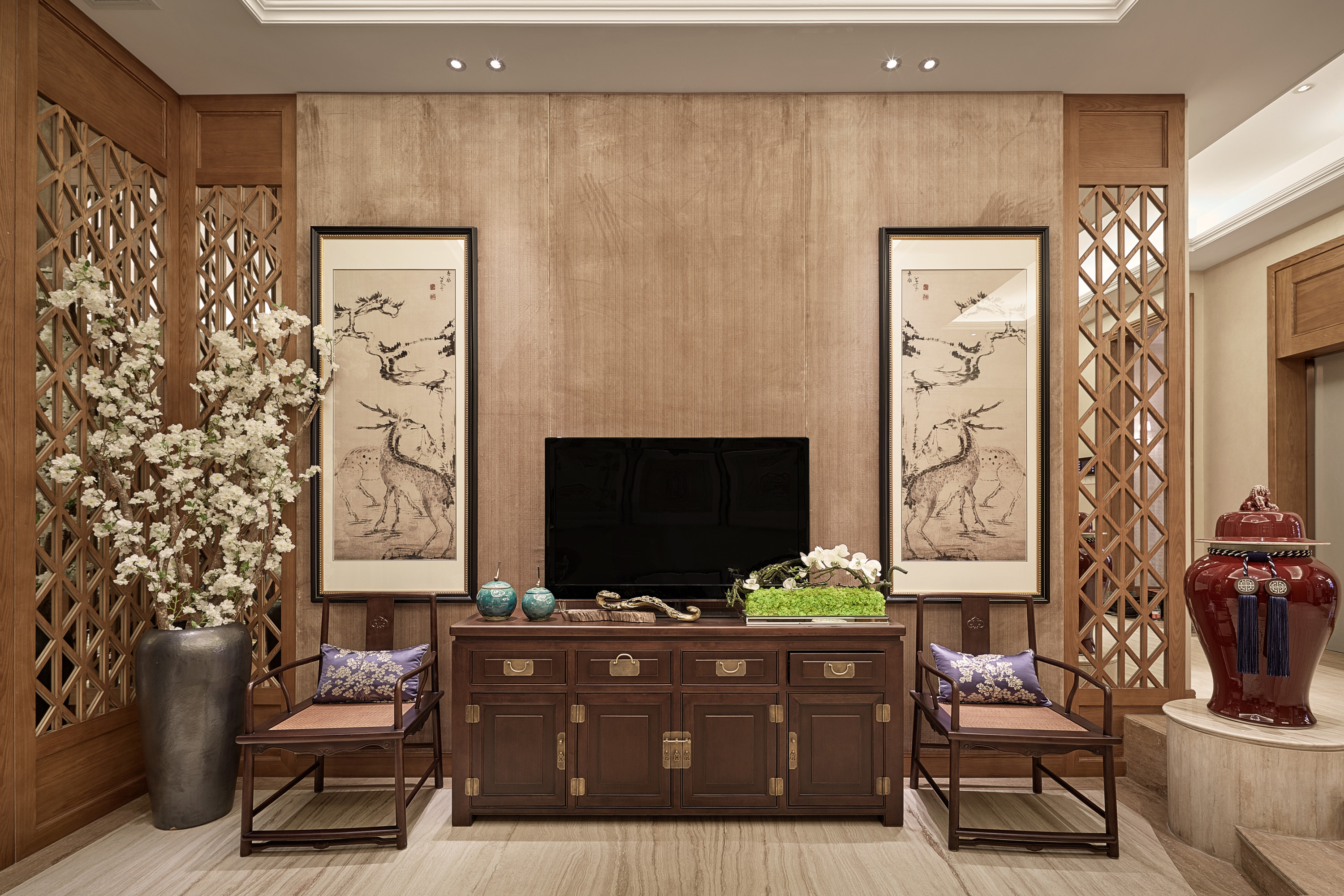 中式风格,别墅装修,140平米以上装修,20万以上装修,客厅,电视柜,电视背景墙,咖啡色