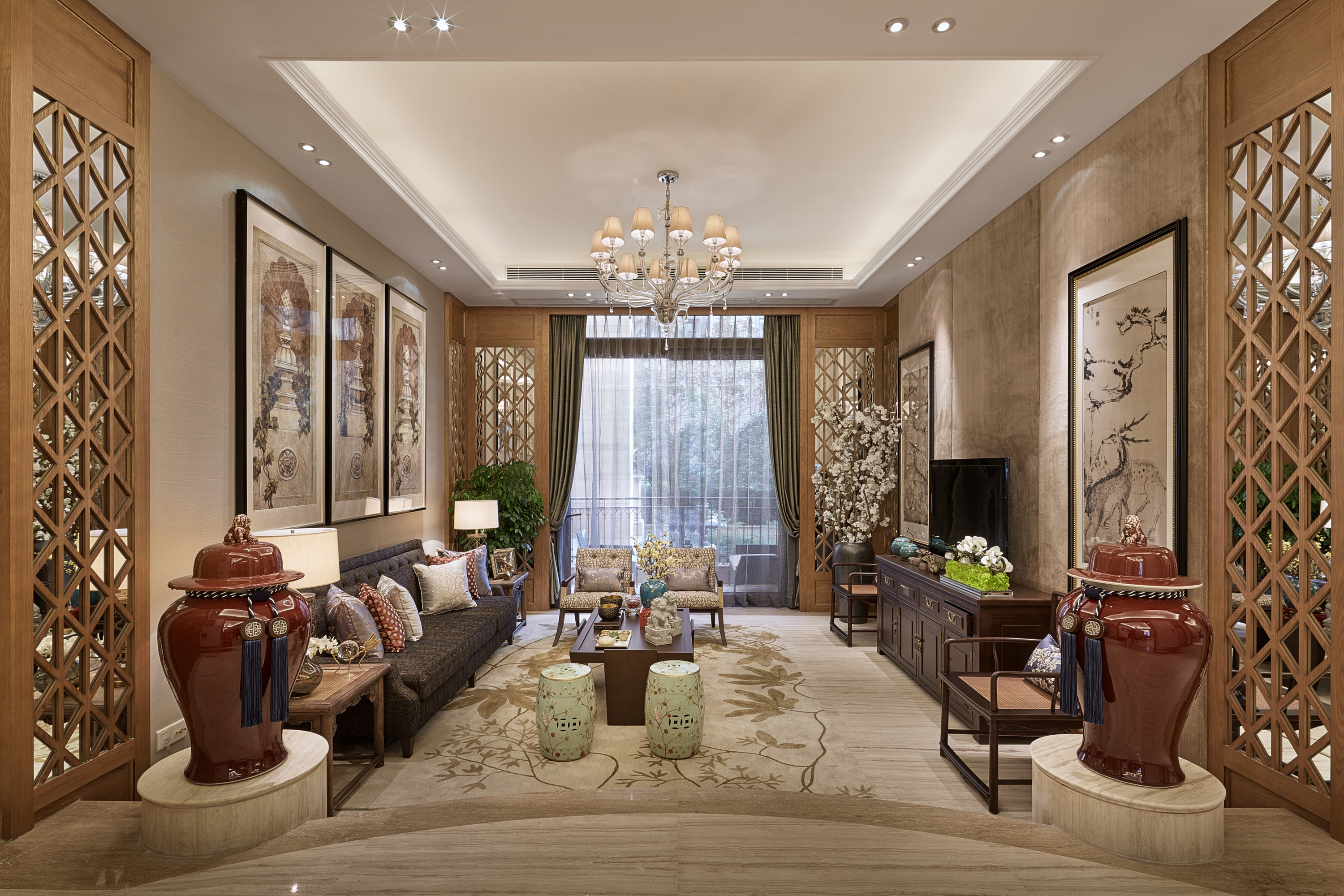 中式风格,别墅装修,140平米以上装修,20万以上装修,客厅,沙发,装饰画,沙发背景墙,咖啡色