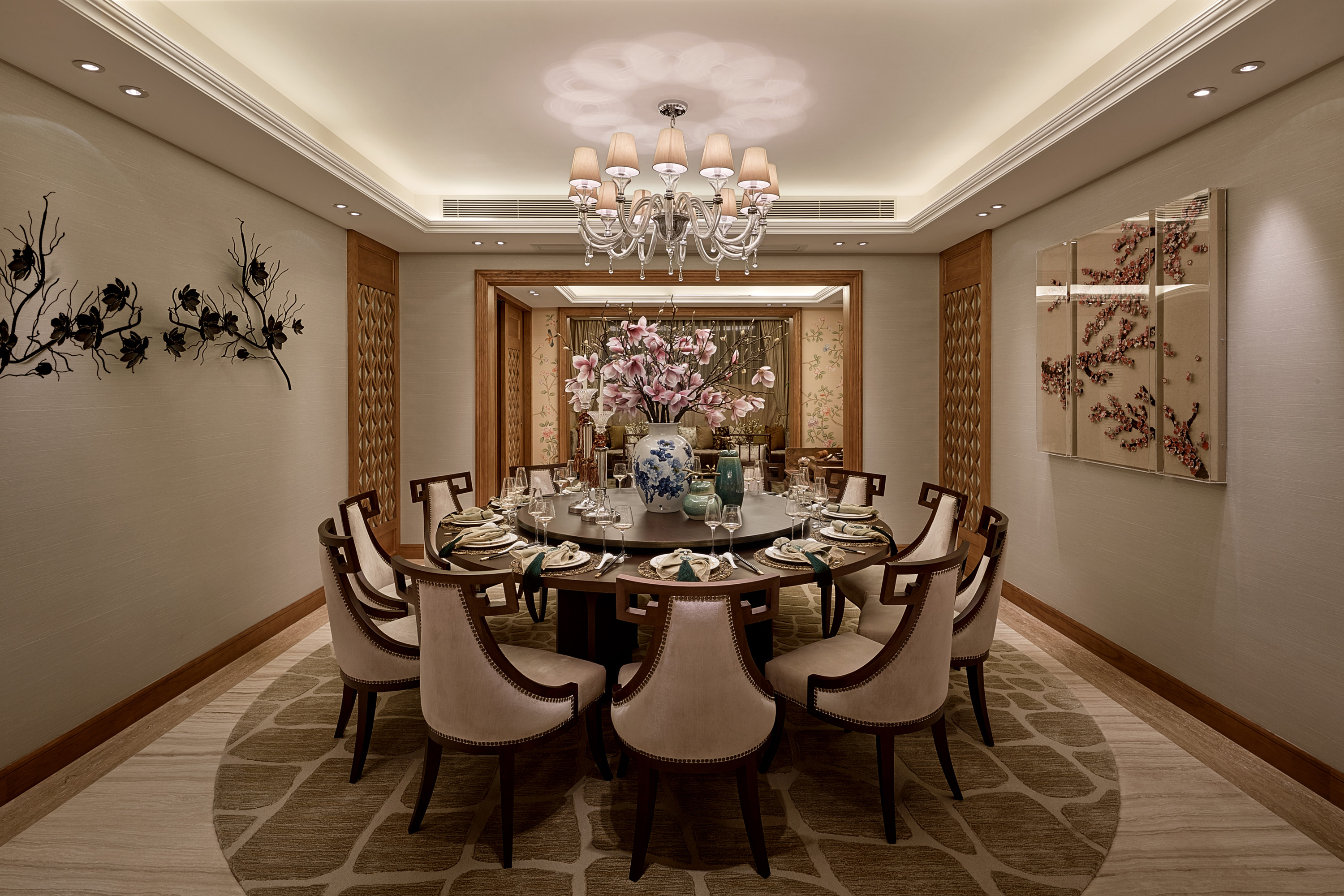 中式风格,别墅装修,140平米以上装修,20万以上装修,餐厅,餐厅背景墙,咖啡色