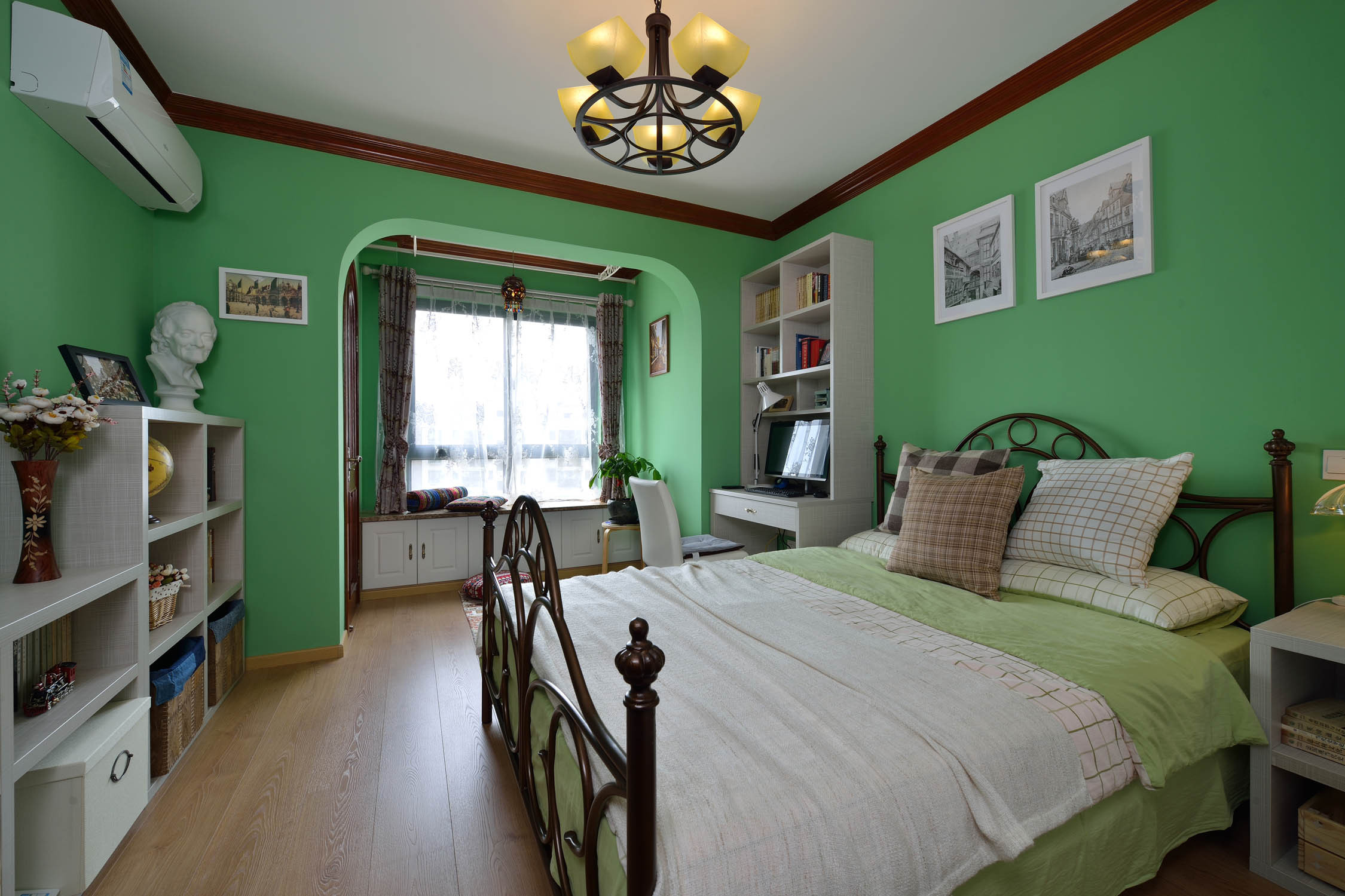 80平米装修,二居室装修,10-15万装修,卧室,美式乡村风格,绿色,卧室背景墙