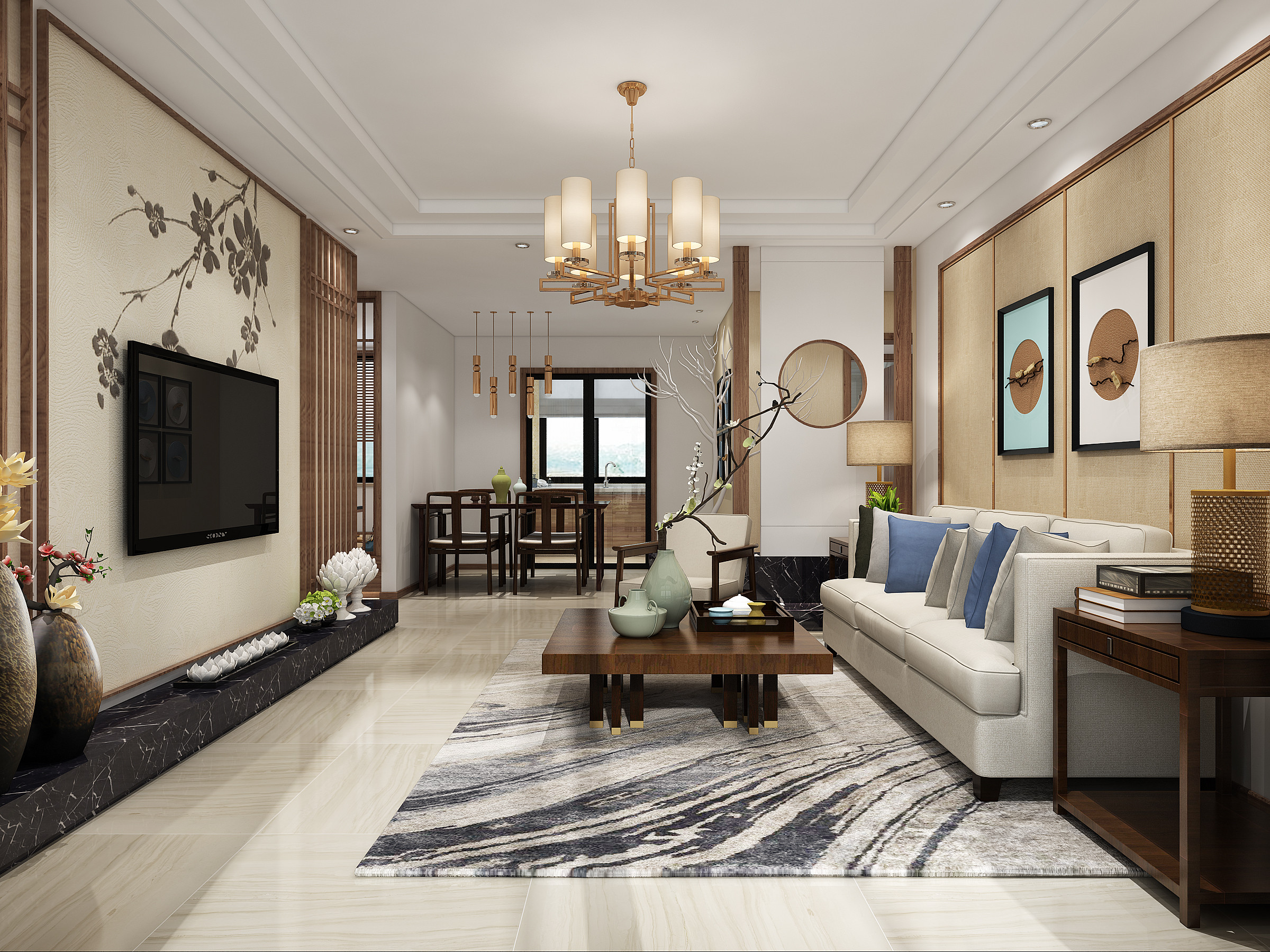 中式风格,120平米装修,三居室装修,20万以上装修,客厅,电视背景墙,暖色调