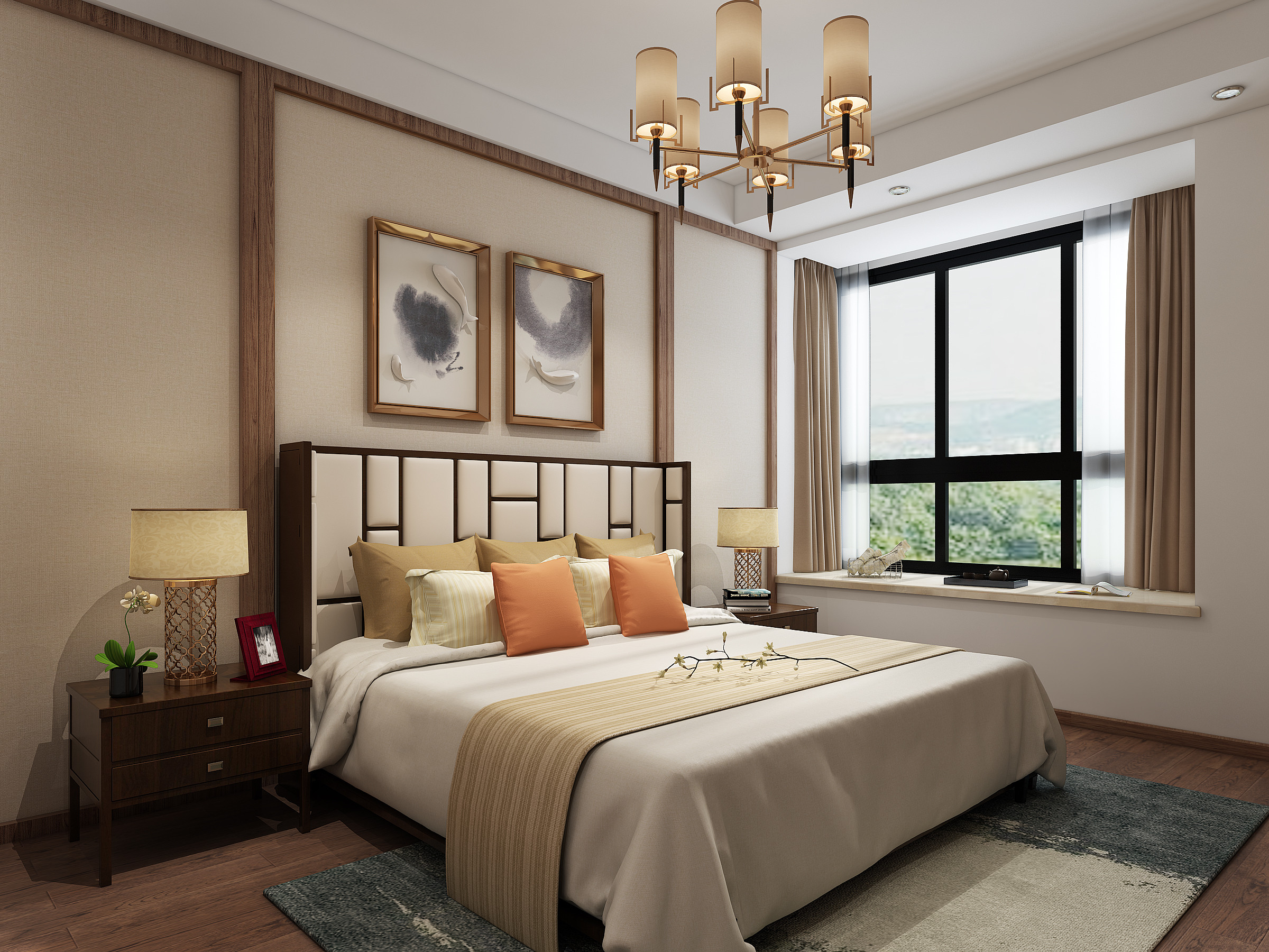 中式风格,120平米装修,三居室装修,20万以上装修,卧室,卧室背景墙,暖色调