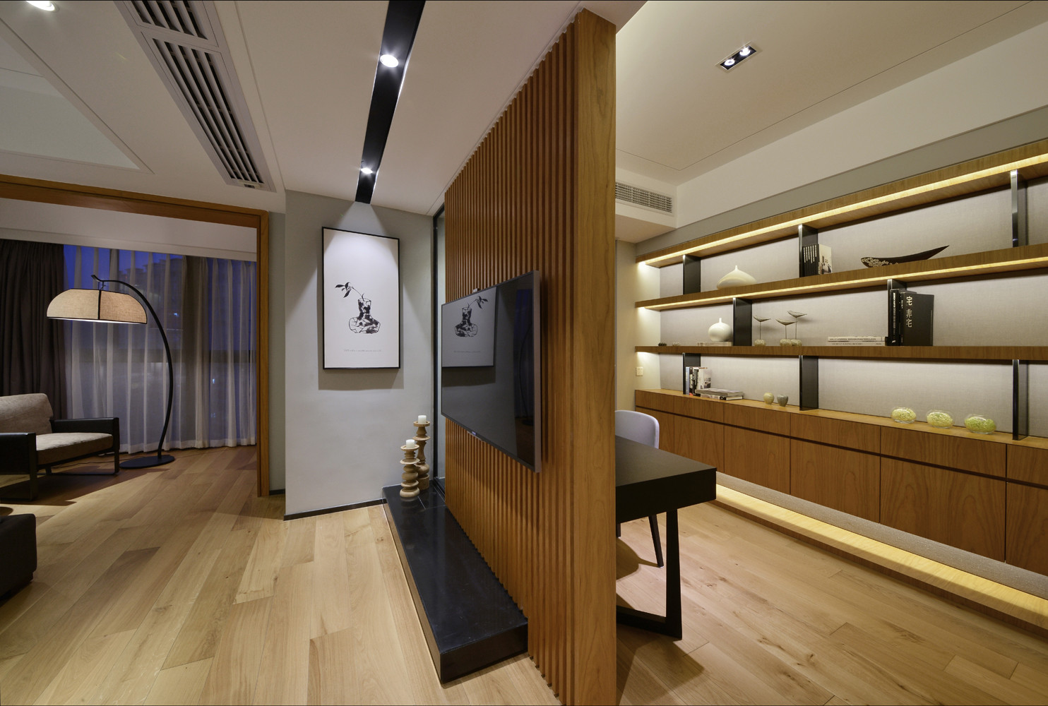 中式风格,简约风格,140平米以上装修,20万以上装修,大户型,隔断,电视背景墙,原木色,卧室