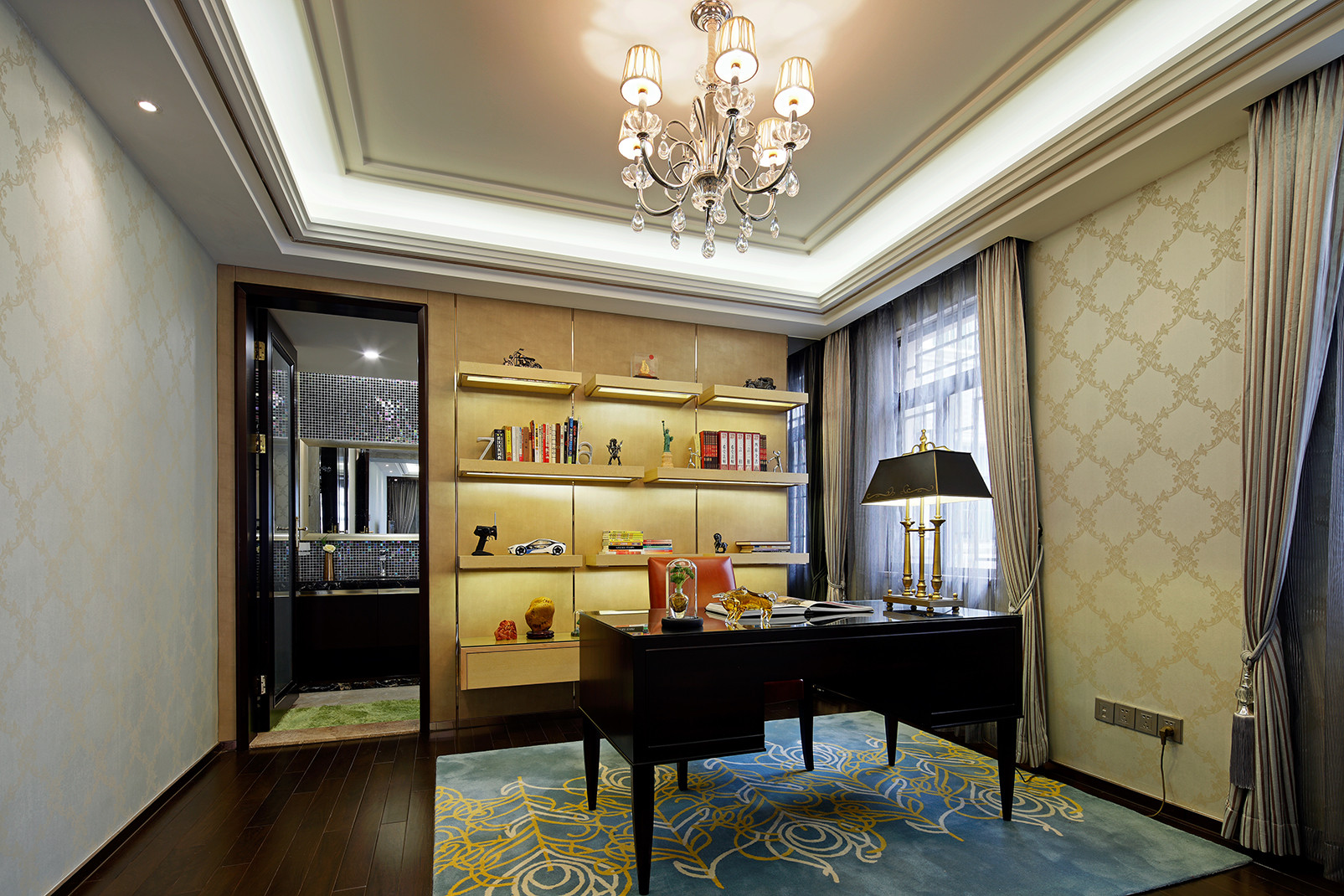 美式风格,别墅装修,20万以上装修,140平米以上装修,书房,书桌,书柜,暖色调
