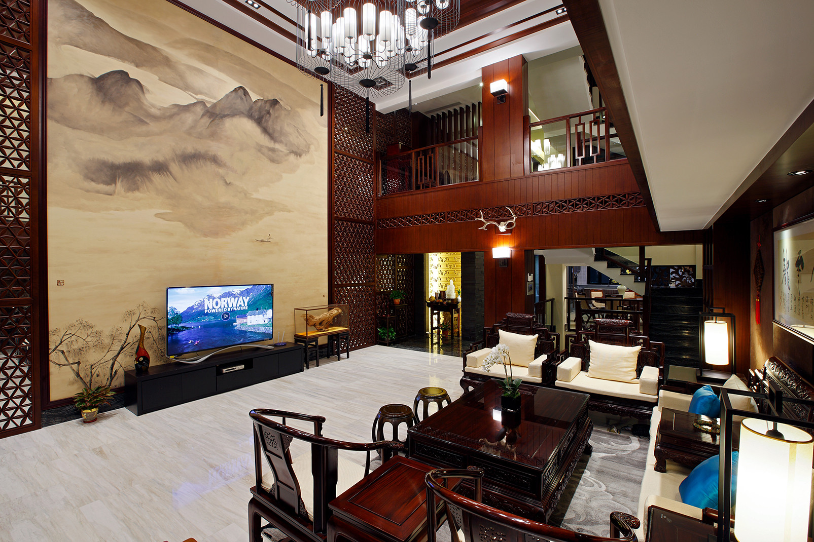 中式风格,别墅装修,20万以上装修,140平米以上装修,客厅,电视背景墙,茶几,褐色