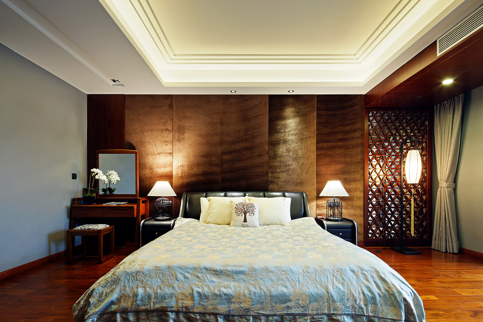 中式风格,别墅装修,20万以上装修,140平米以上装修,卧室,背景墙,咖啡色