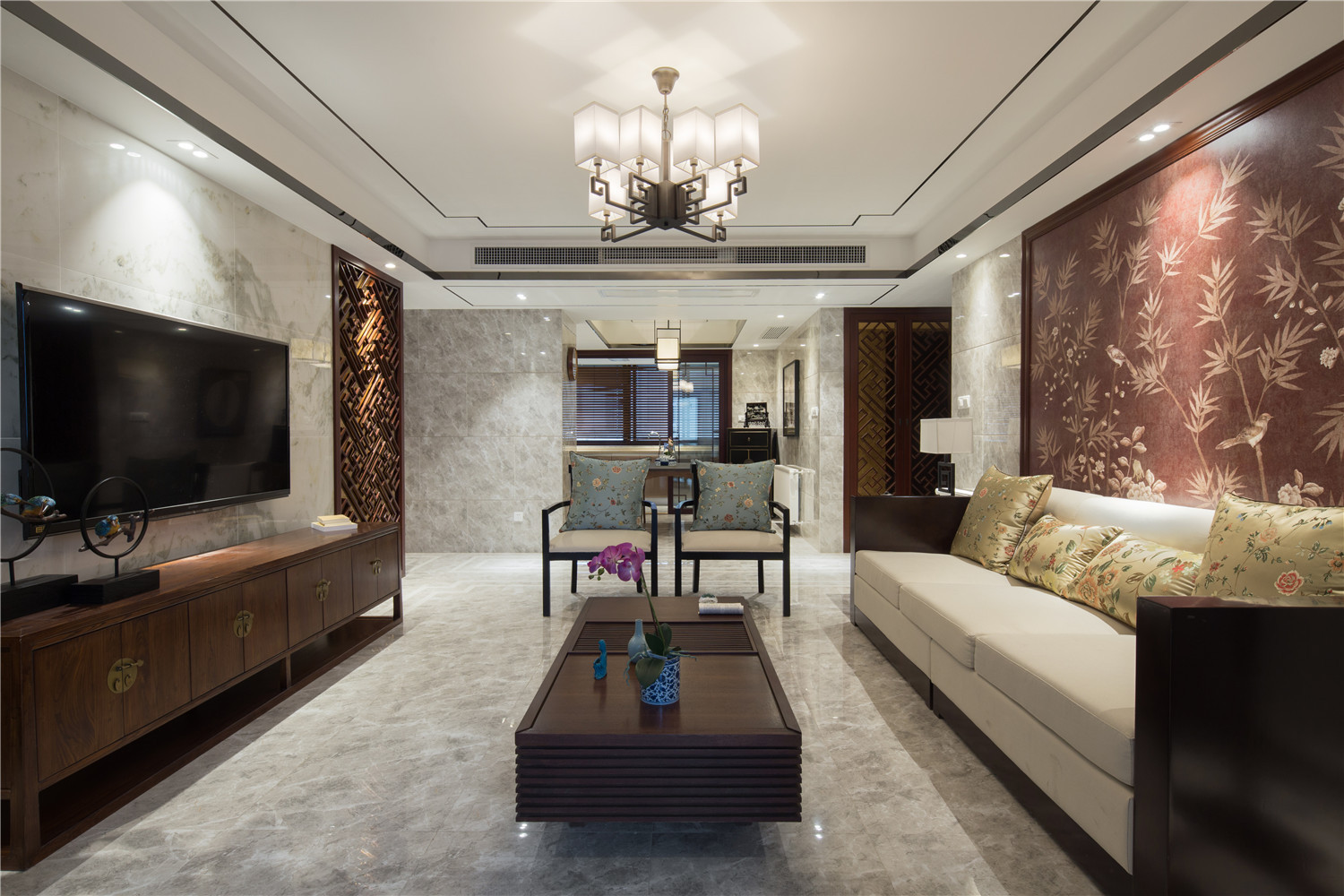 中式风格,140平米以上装修,三居室装修,20万以上装修,客厅,原木色,电视柜