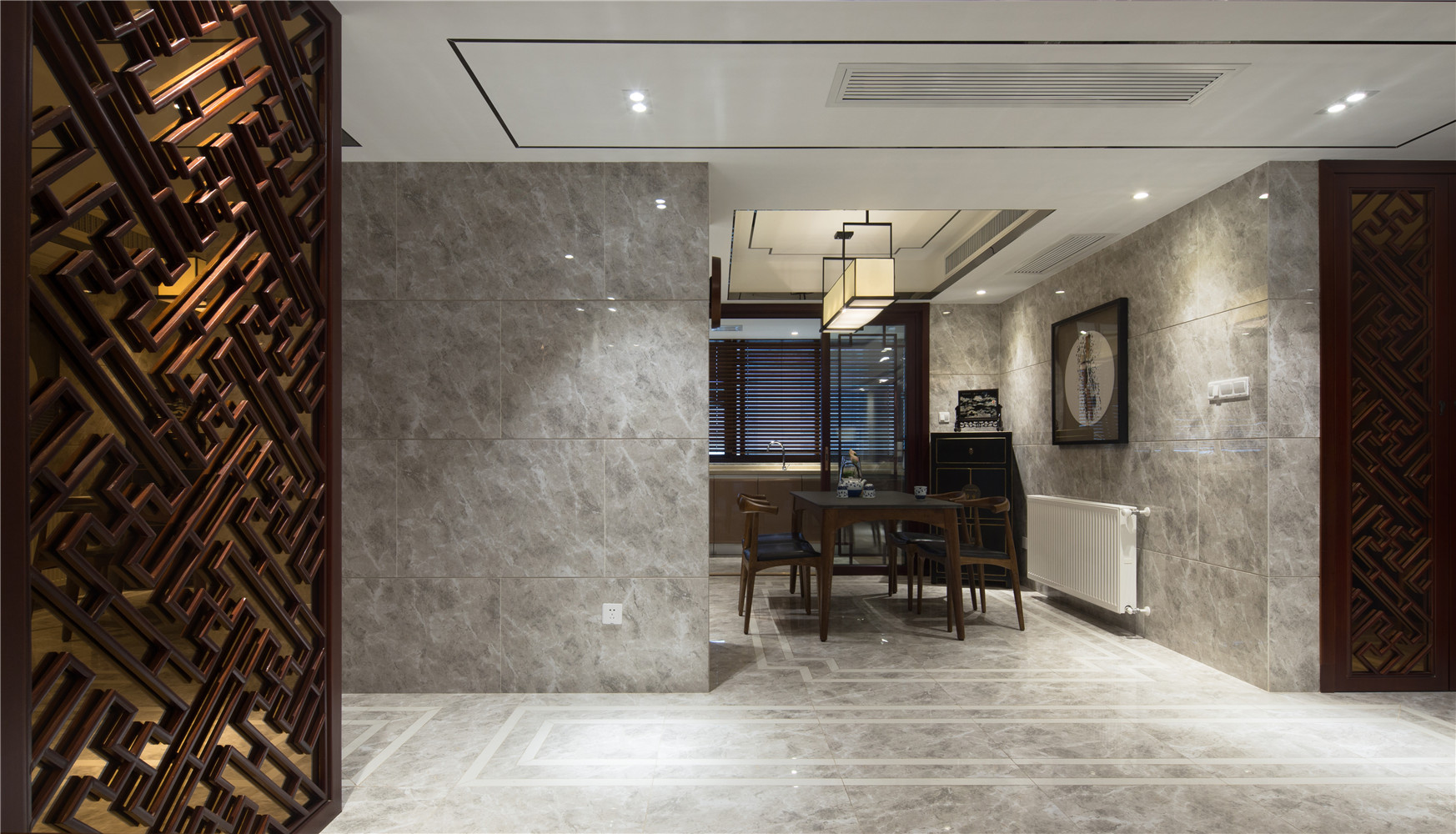 中式风格,140平米以上装修,三居室装修,20万以上装修,餐厅,灰色,过道
