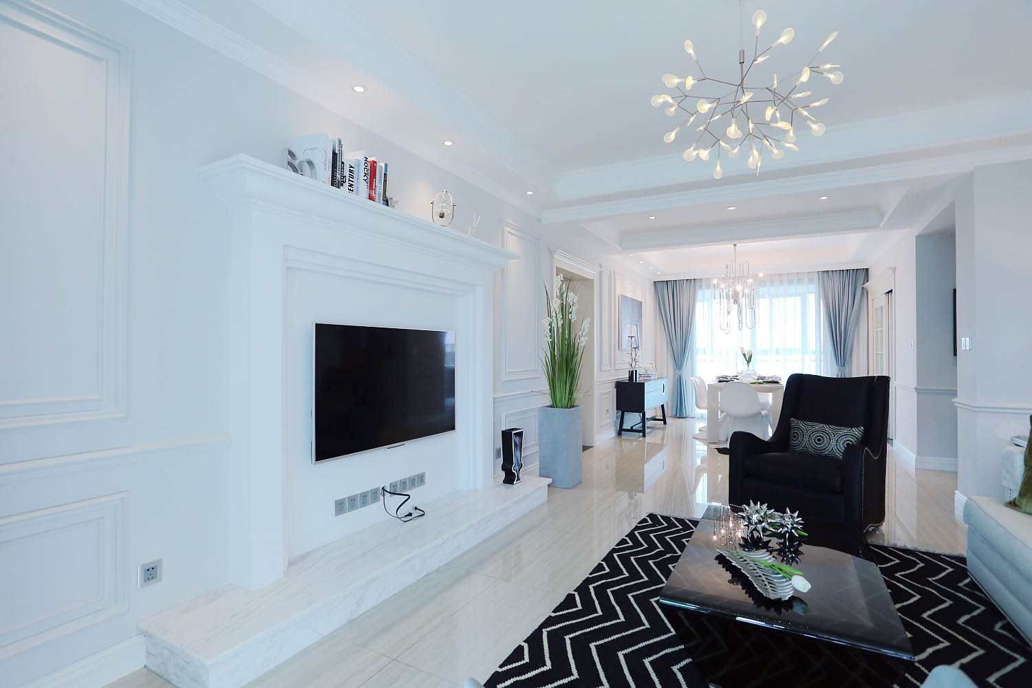 美式风格,130平米装修,20万以上装修,三居室装修,客厅,电视背景墙,白色