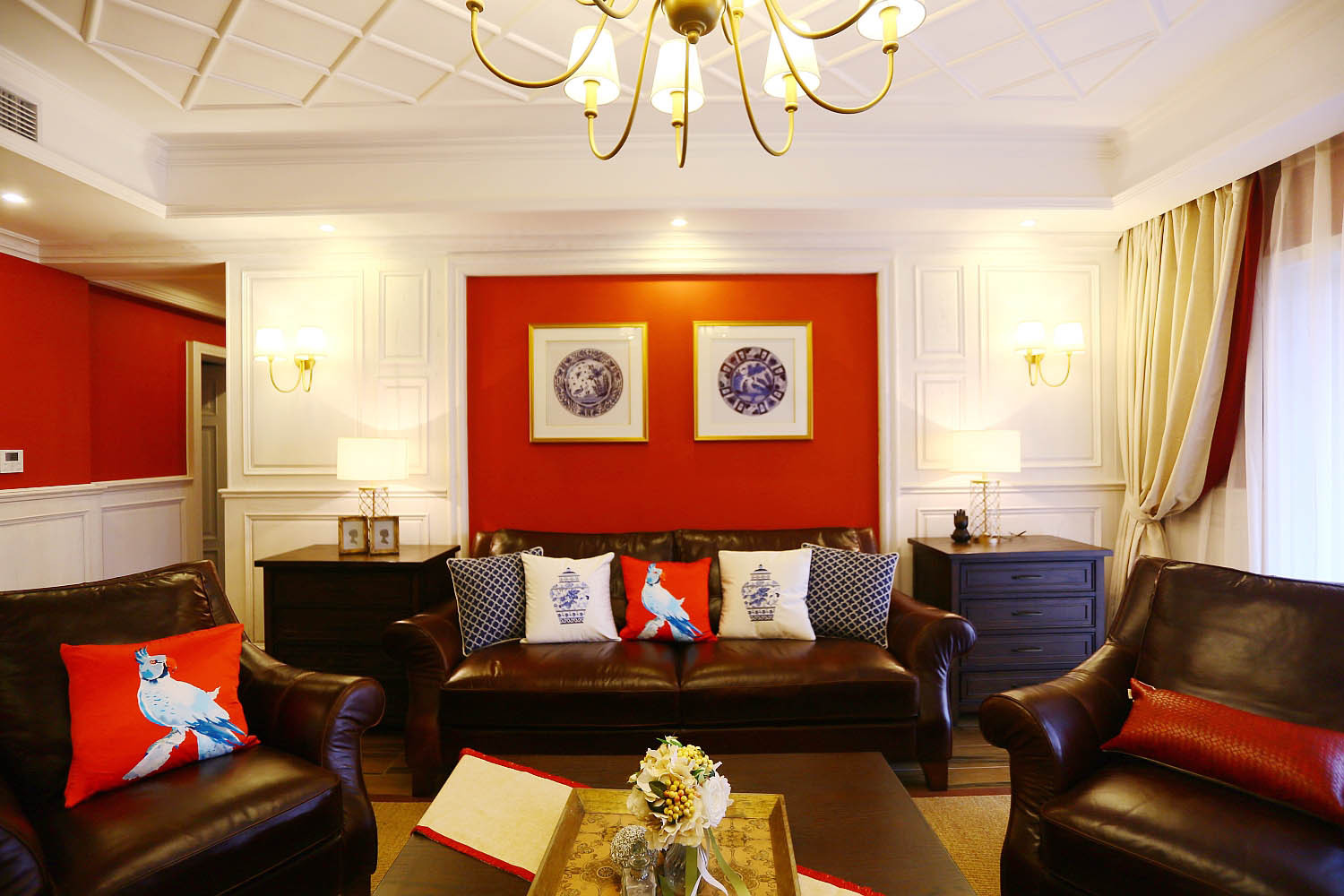 美式风格,四房装修,20万以上装修,140平米以上装修,客厅,沙发背景墙,红色