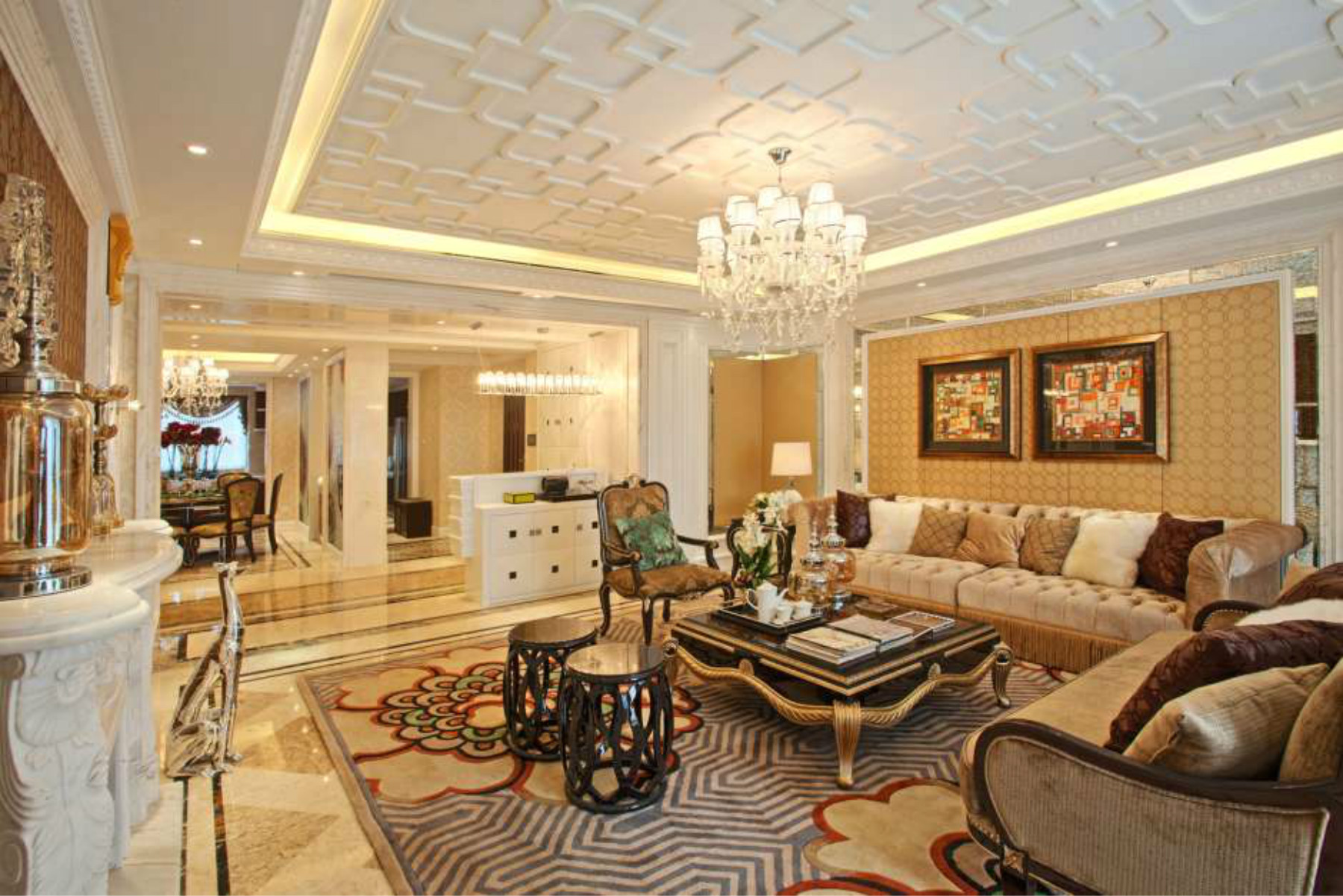 欧式风格,140平米以上装修,豪华型装修,别墅装修,客厅,沙发背景墙,暖色调