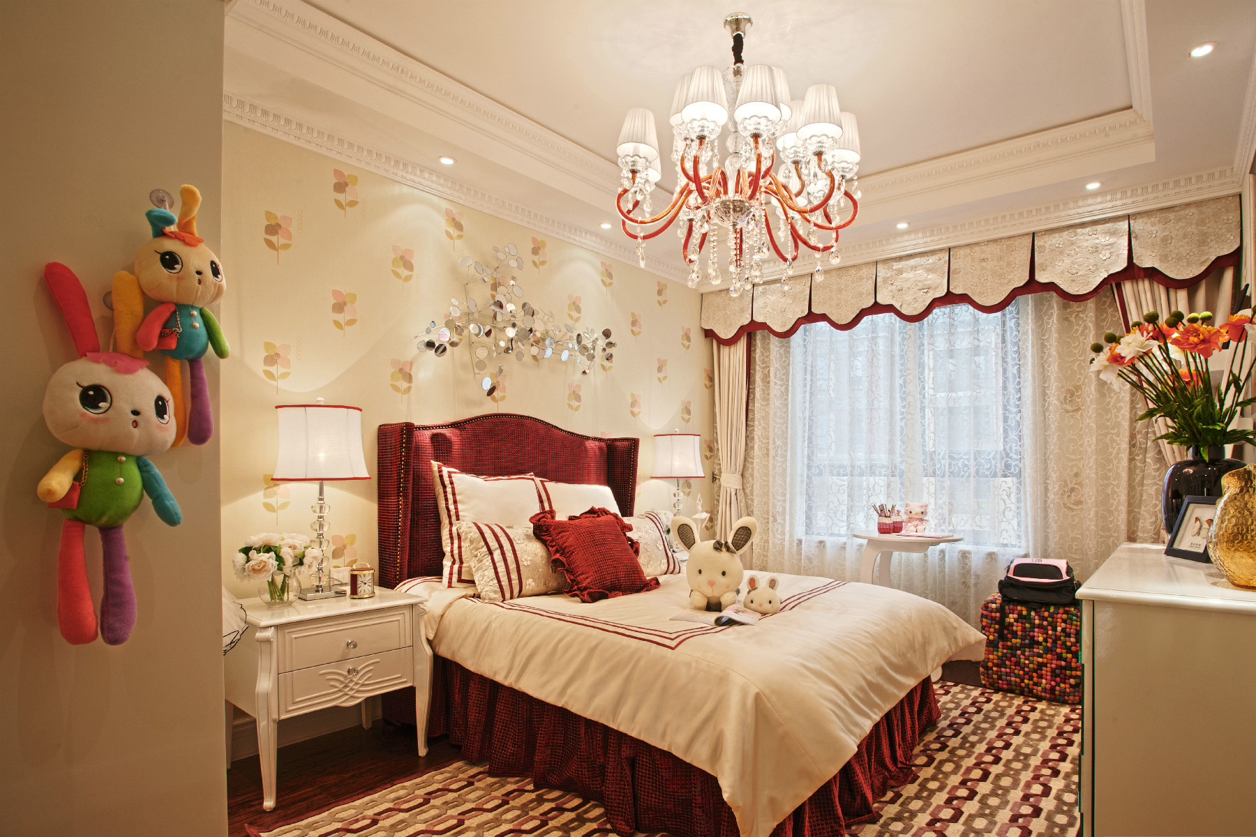 欧式风格,140平米以上装修,豪华型装修,别墅装修,儿童房,卧室背景墙,床上用品,红色